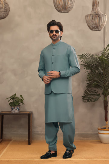 Sage Teal – Shalwar Kameez with Waistcoat (3 Piece)