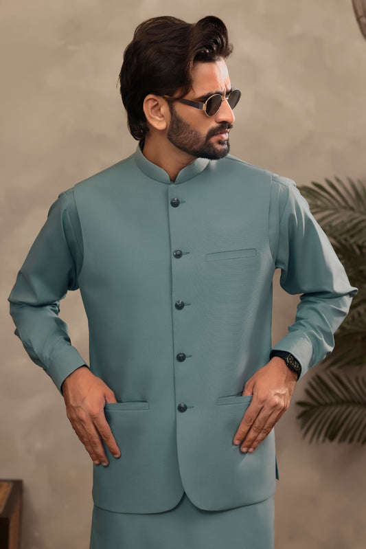 Sage Teal – Shalwar Kameez with Waistcoat (3 Piece)