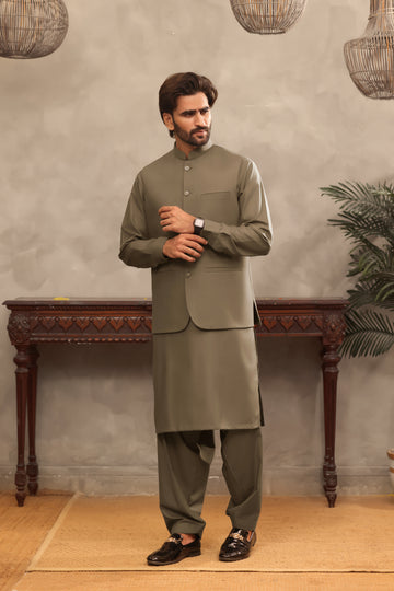 Stone Khaki – Shalwar Kameez with Waistcoat (3 Piece)