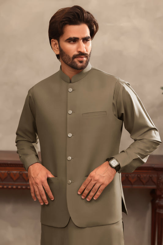 Stone Khaki – Shalwar Kameez with Waistcoat (3 Piece)