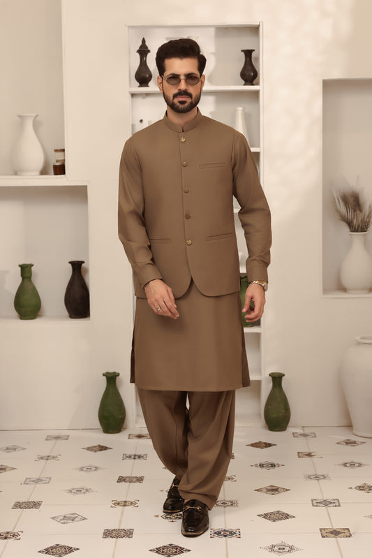 Cappuccino Brown – Shalwar Kameez with Waistcoat (3 Piece)