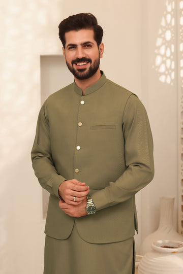 Olive Mist – Shalwar Kameez with Waistcoat (3 Piece)