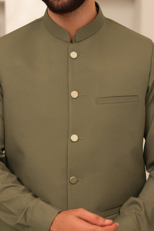 Olive Mist – Shalwar Kameez with Waistcoat (3 Piece)